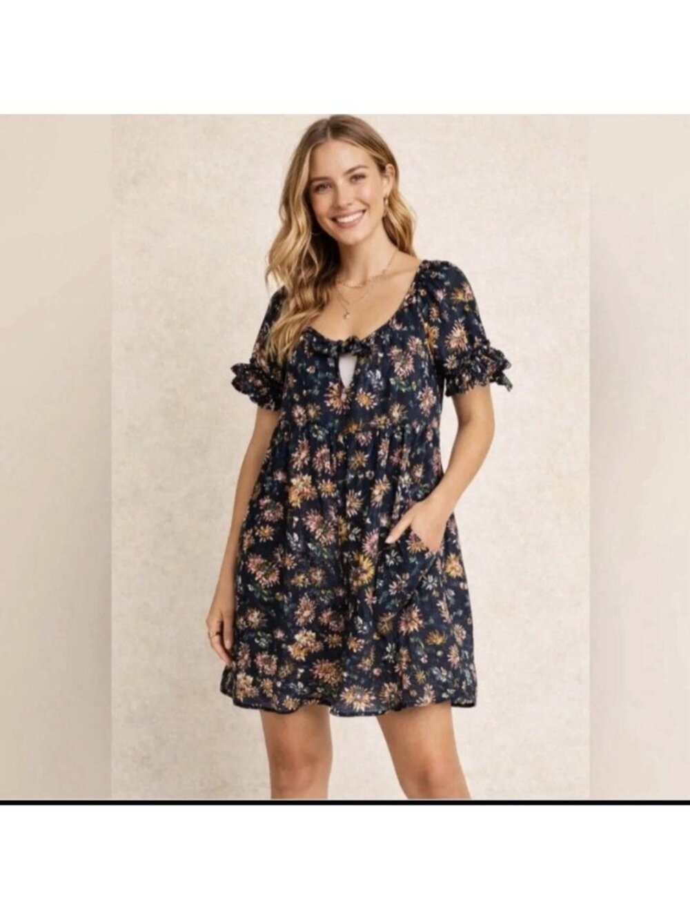 Natural Life Sienna Black Floral Mini Dress Cotton Womens Size XS/Small NWOT